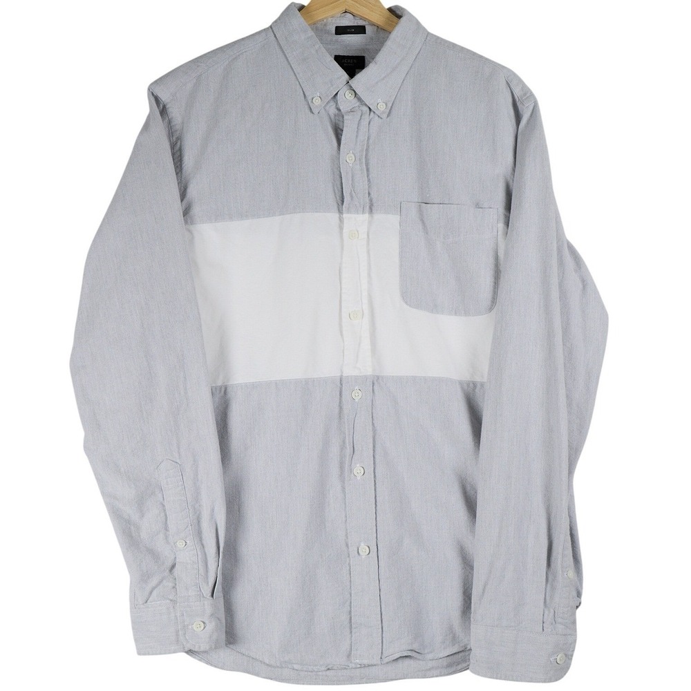 J Crew Oxford Button‎ Down Shirt Gray White Slim Fit Men Size L 100% Cotton